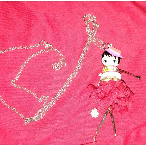 Art Doll Pendant Necklace Paris Inspired Floral Dress Statement 35” - Picture 2 of 3